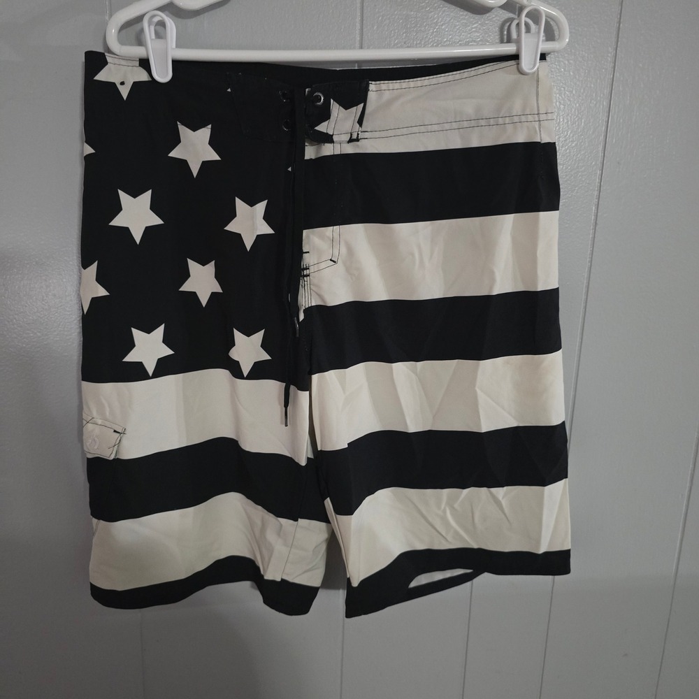 Hang Ten Board Shorts Mens 34 Black ‎ Stars Stripes American Flag Swim Trunks